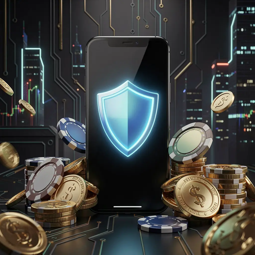 KKKK9 secure mobile casino app concept showing a smartphone with a glowing shield icon surrounded by golden coins and chips against a dark luxury cyber background