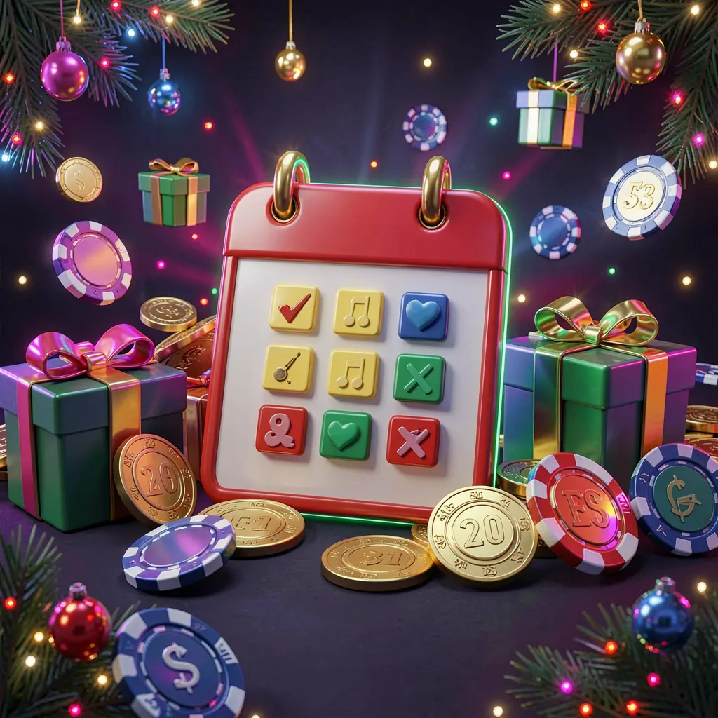 KKKK9 weekly casino bonus concept featuring a calendar icon, gift boxes, coins, and chips on a festive dark background with neon glow in premium 3D style