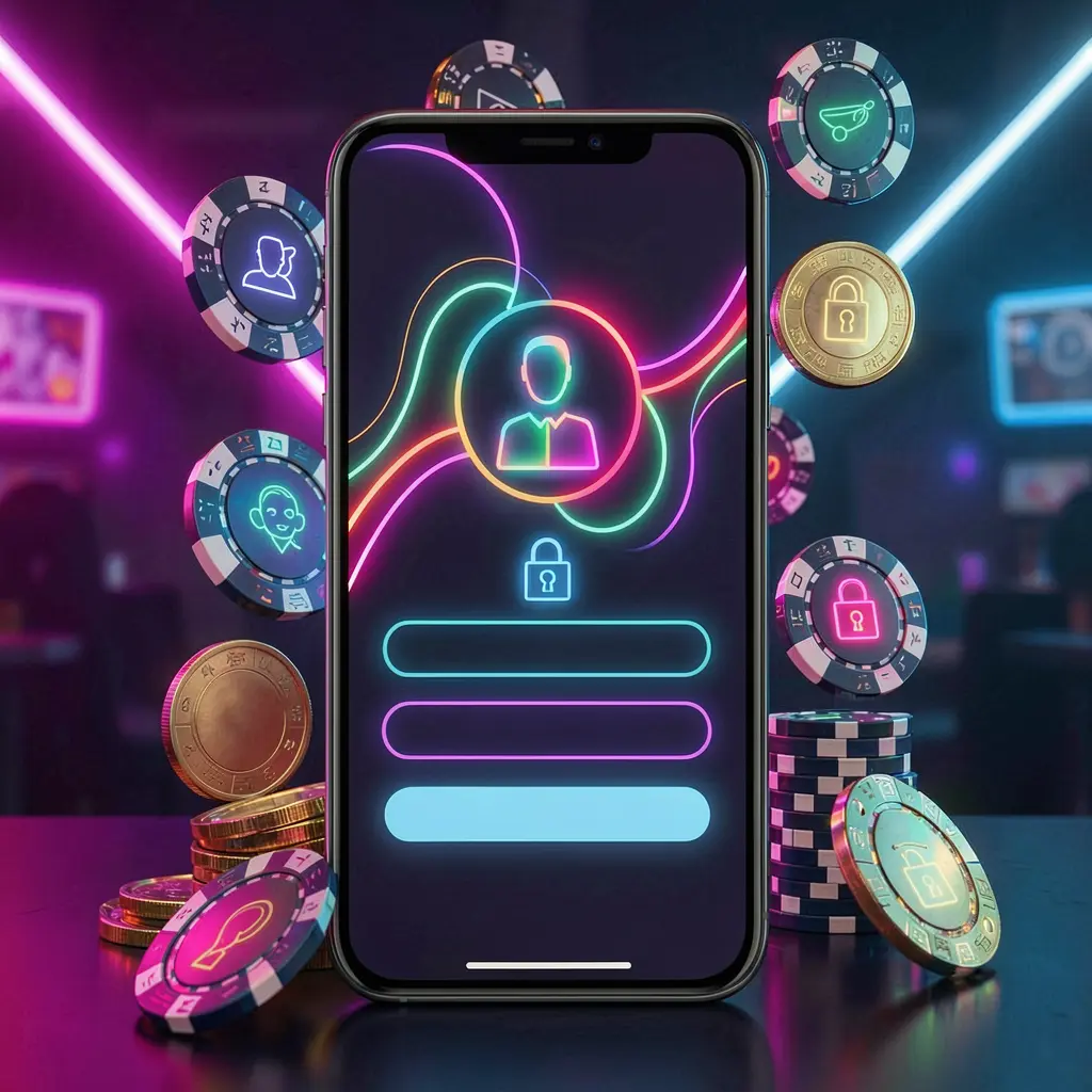 KKKK9 mobile gaming login page concept featuring a smartphone with an abstract login interface, user and lock icons, surrounded by casino chips and coins illuminated by luxury neon lighting