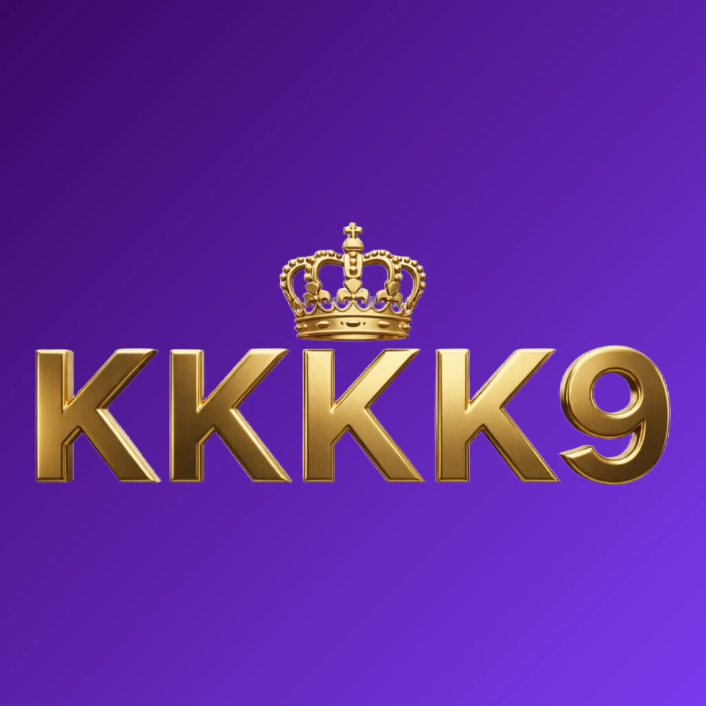 KKKK9 royal logo design featuring a gold metallic crown above the letters, conveying a luxury brand feeling with a wide horizontal rectangular wordmark on a transparent background