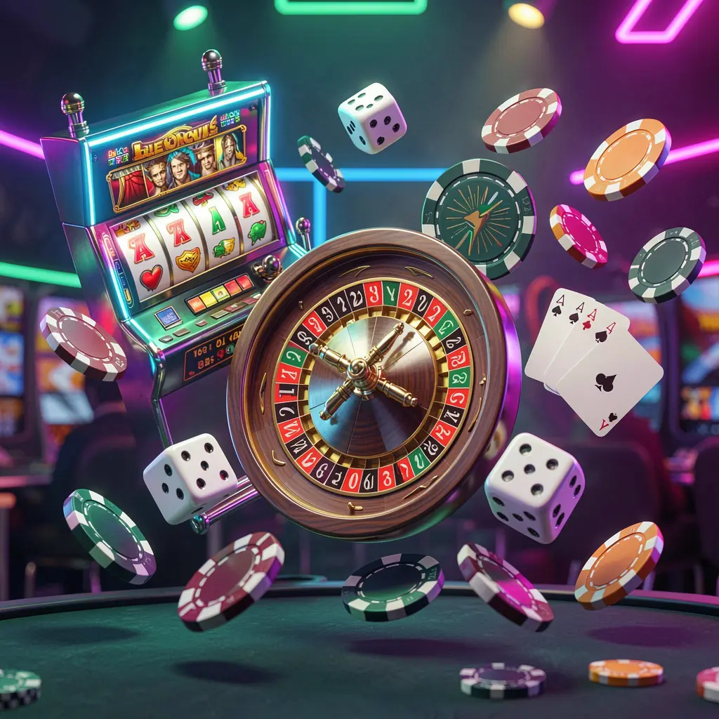 KKKK9 casino games collection homepage visual featuring a slot machine, roulette wheel, dice, playing cards, and poker chips floating together with colorful neon lights in a premium 3D render